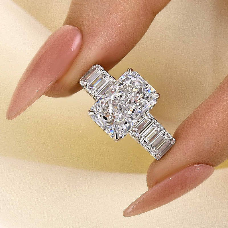 Luxurious 5.0 Carat Radiant Cut Engagement Ring With Emerald Cut Band