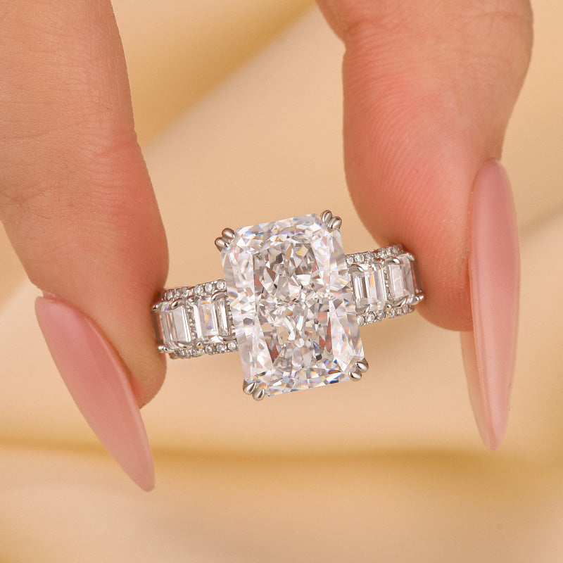 10.0Ct Radiant Cut Engagement Ring Travel Ring With Emerald Cut Band Stone