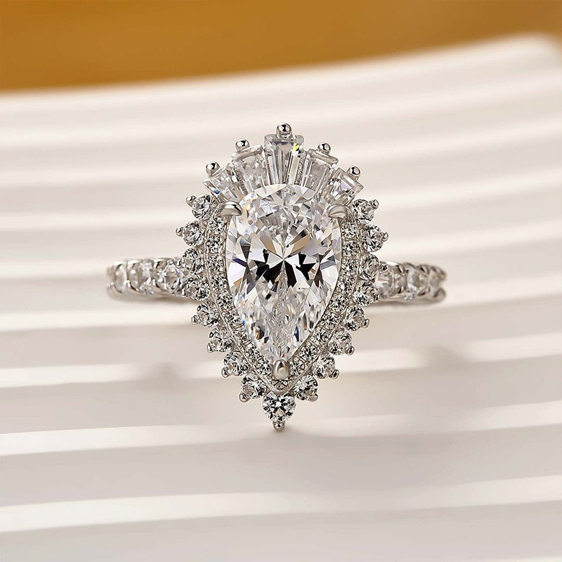 Vintage 2.2Ct Halo Pear Cut Engagement Ring Travel Ring In Sterling Silver