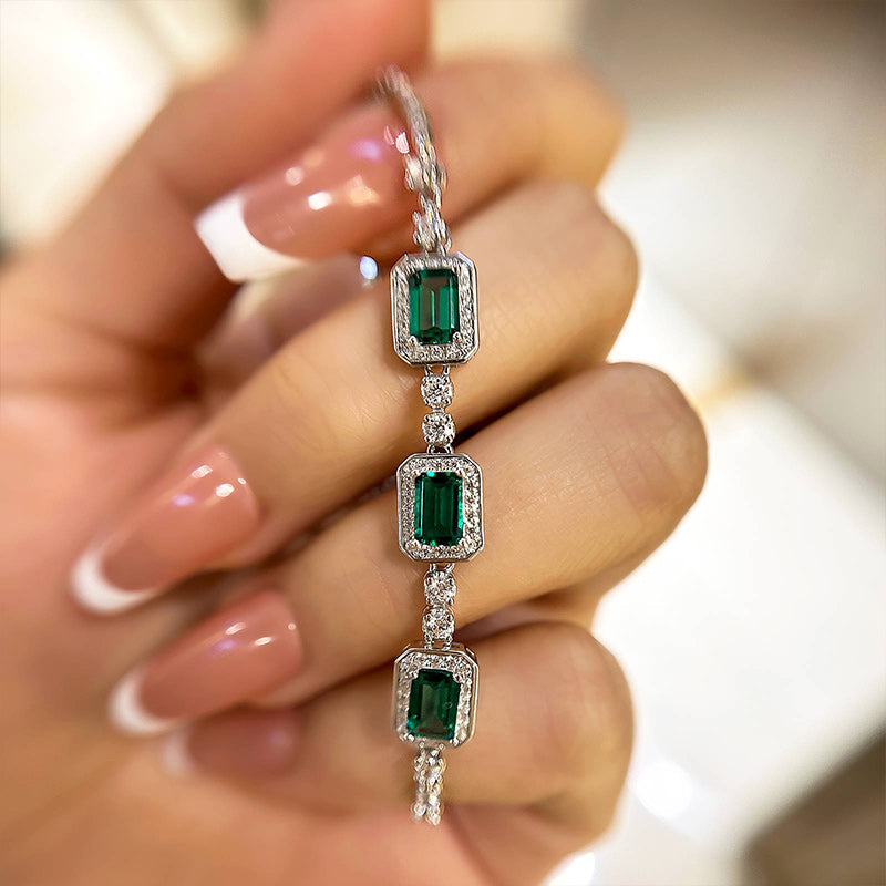 HNJ Jewels Luxury Emerald Cut Emerald Green Bracelet for Women In Sterling Silver