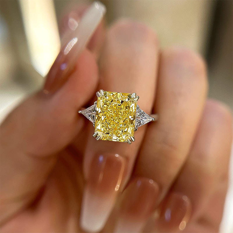 HNJ Jewels Yellow Stone Radiant & Triangle Cut Three Stone Engagement Ring In Sterling Silver