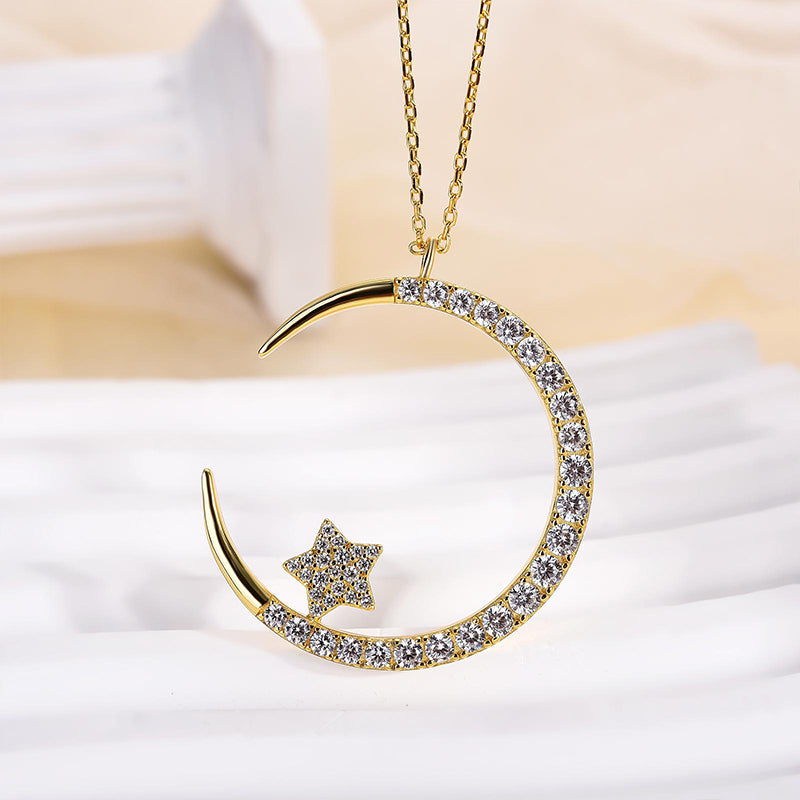HNJ Jewels Yellow Gold Moon Design Round Cut Star Design Necklace In Sterling Silver