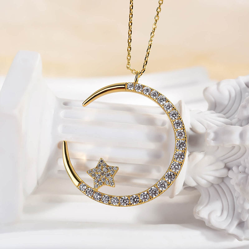 HNJ Jewels Yellow Gold Moon Design Round Cut Star Design Necklace In Sterling Silver