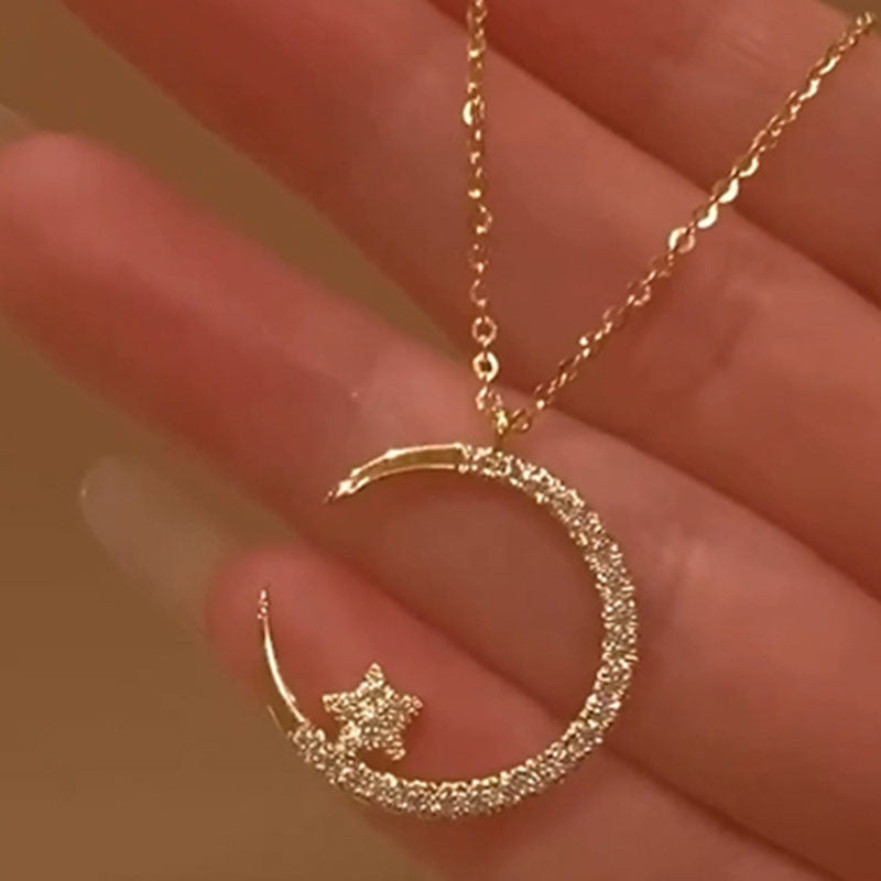 HNJ Jewels Yellow Gold Moon Design Round Cut Star Design Necklace In Sterling Silver