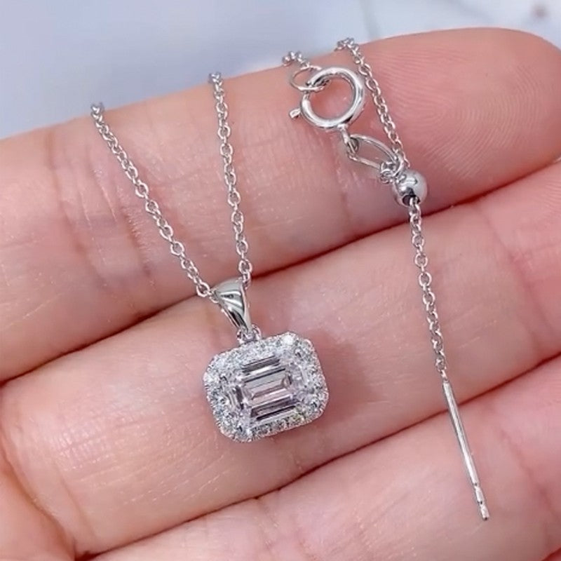 Sterling Silver Halo Emerald Cut Pendant Necklace For Women