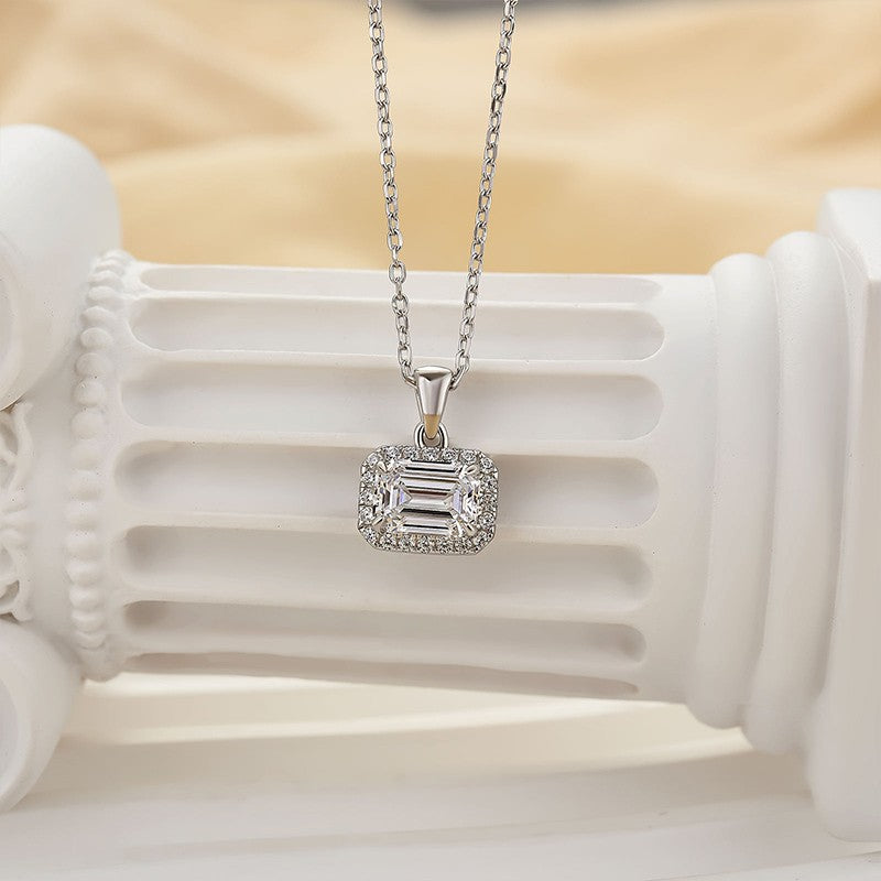 Sterling Silver Halo Emerald Cut Pendant Necklace For Women