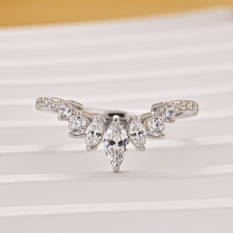 Vintage Marquise Cut & Round Cut Crown-Shaped Wedding Band In Sterling Silver