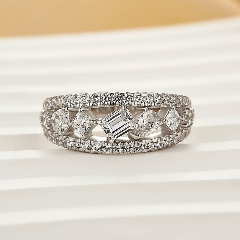 Luxurious 3-Row Half Wedding Band Travel Ring In Sterling Silver