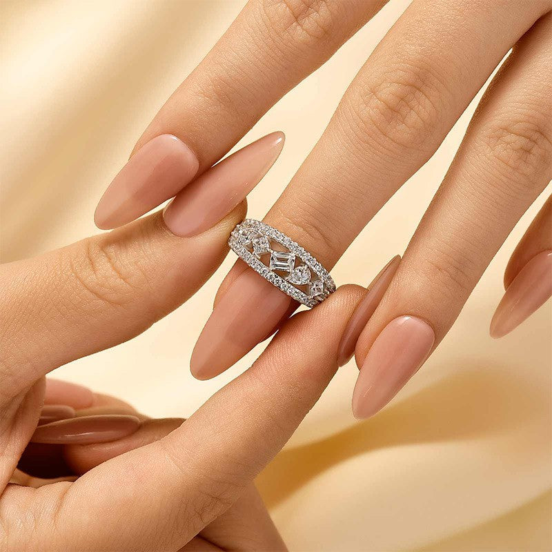 Luxurious 3-Row Half Wedding Band Travel Ring In Sterling Silver