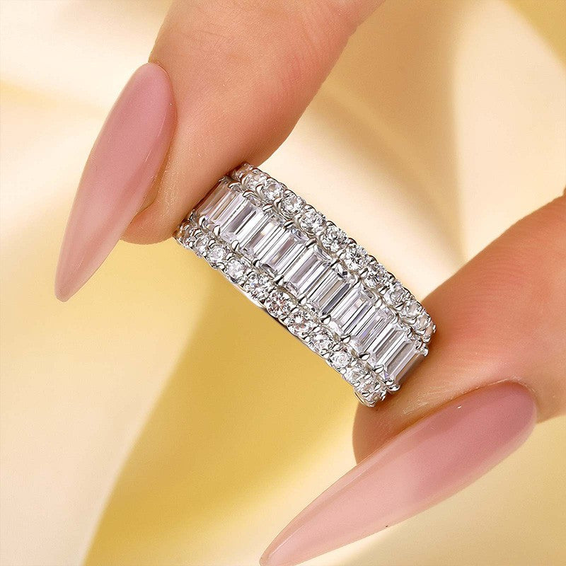 Luxurious Emerald Cut Wedding Band Travel Ring In Sterling Silver