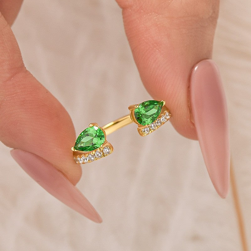 1.2Ct Green Stone Pear Cut Yellow Gold Open Wedding Band In Sterling Silver