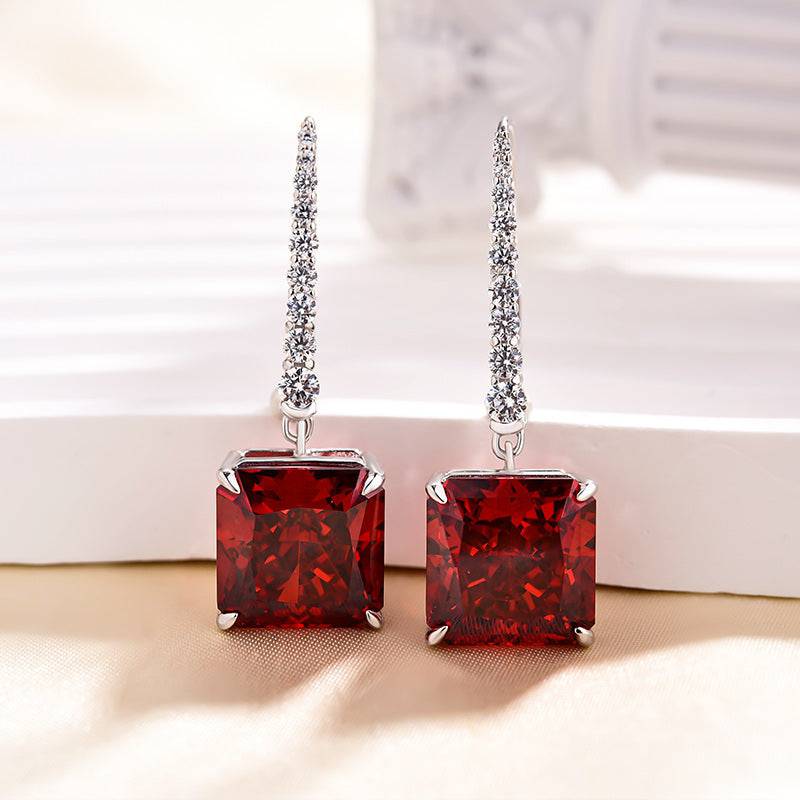 HNJ Jewels Luxury Radiant Cut Ruby Women's Earrings In Sterling Silver