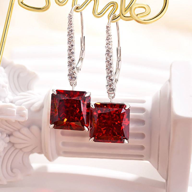 HNJ Jewels Luxury Radiant Cut Ruby Women's Earrings In Sterling Silver