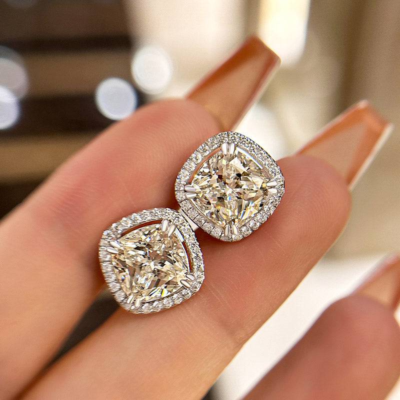 HNJ Jewels Sparkle Halo Cushion Cut Women's Stud Earrings In Sterling Silver