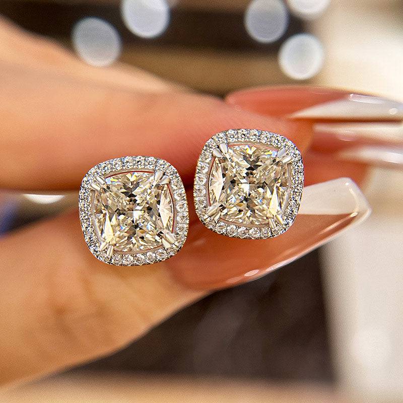 HNJ Jewels Sparkle Halo Cushion Cut Women's Stud Earrings In Sterling Silver