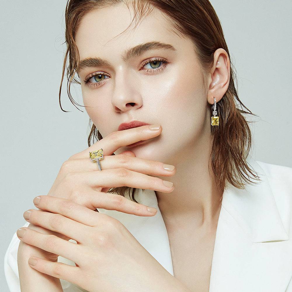 HNJ Jewels Sterling Silver Luxury Radiant Cut Yellow Sapphire Drop Earrings