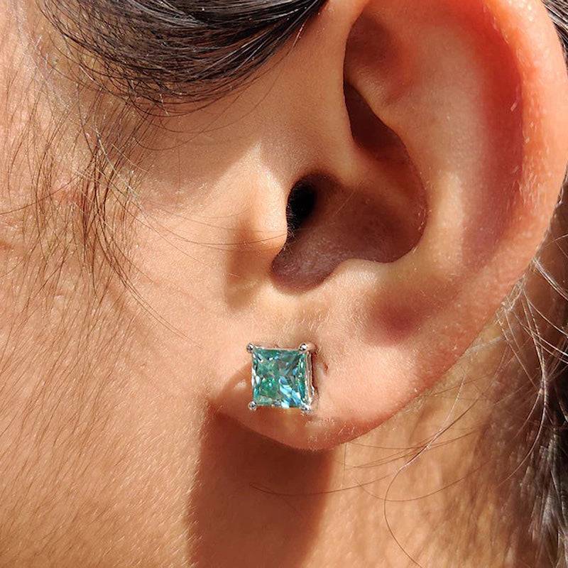HNJ Jewels Stunning Square Princess Cut Paraiba Tourmaline Stud Earrings In Sterling Silver