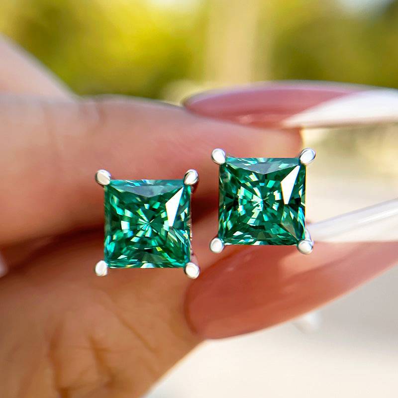 HNJ Jewels Stunning Square Princess Cut Paraiba Tourmaline Stud Earrings In Sterling Silver