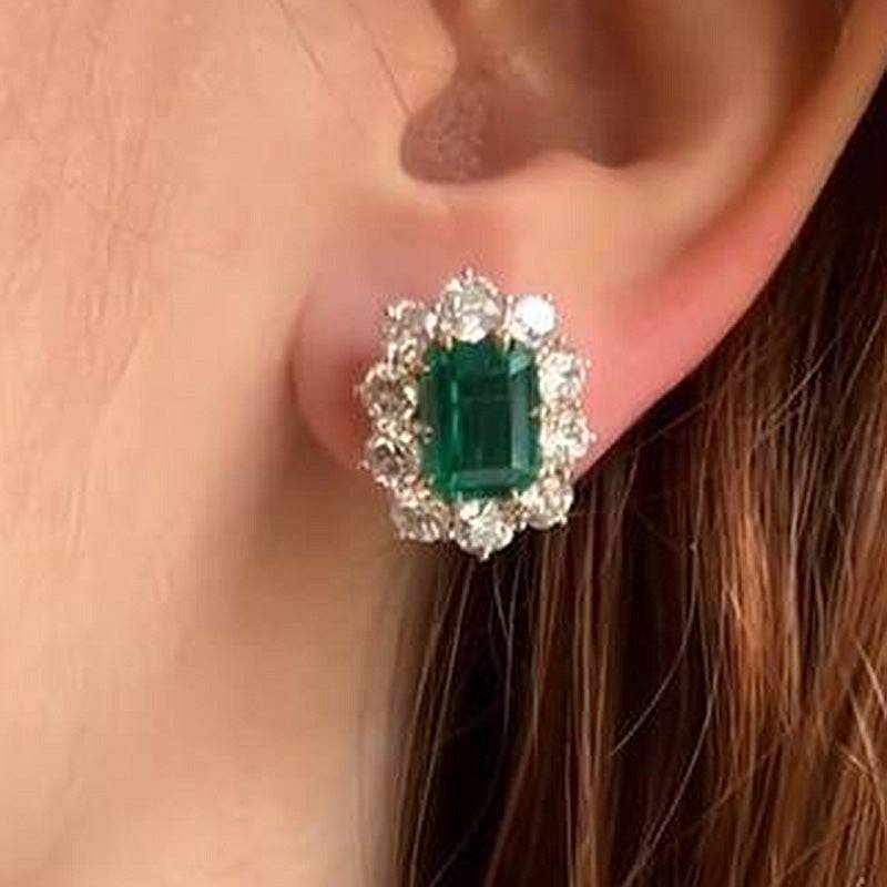 HNJ Jewels Vintage Flower Design Emerald Cut Emerald Green Earrings In Sterling Silver