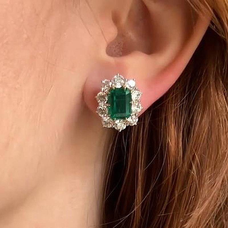 HNJ Jewels Vintage Flower Design Emerald Cut Emerald Green Earrings In Sterling Silver