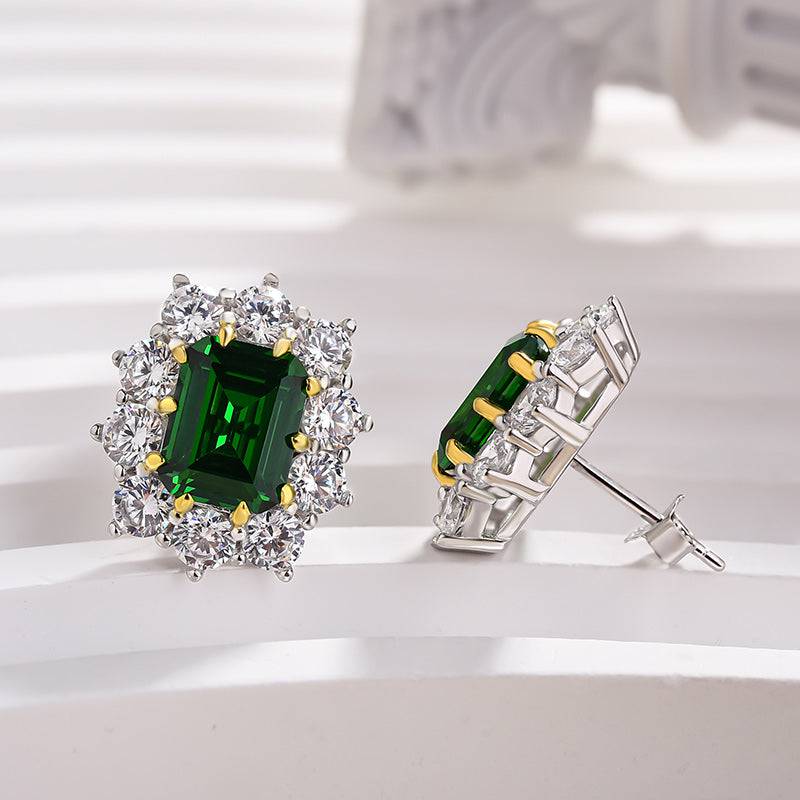 HNJ Jewels Vintage Flower Design Emerald Cut Emerald Green Earrings In Sterling Silver