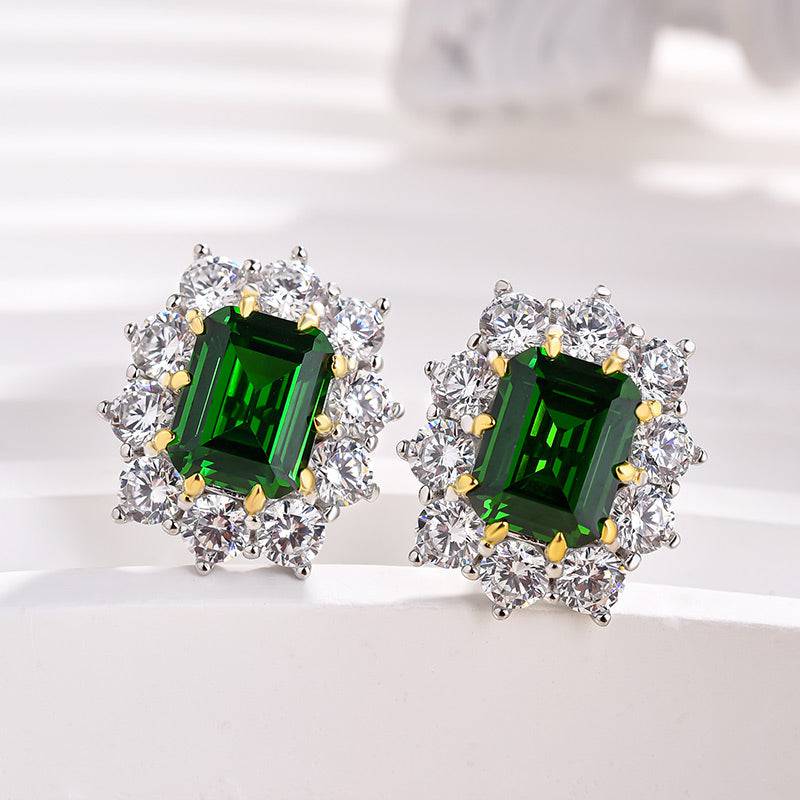 HNJ Jewels Vintage Flower Design Emerald Cut Emerald Green Earrings In Sterling Silver