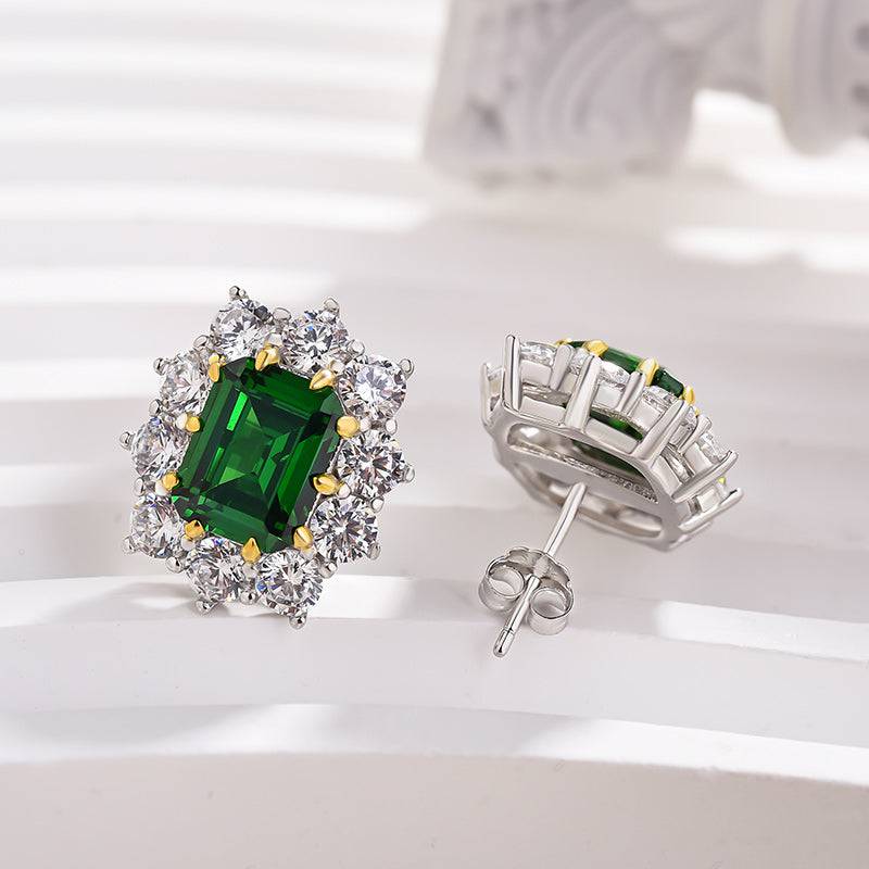 HNJ Jewels Vintage Flower Design Emerald Cut Emerald Green Earrings In Sterling Silver
