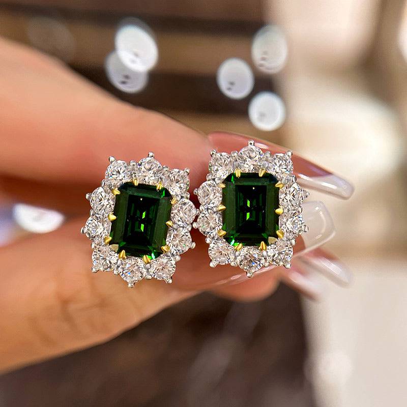 HNJ Jewels Vintage Flower Design Emerald Cut Emerald Green Earrings In Sterling Silver