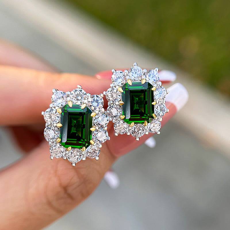 HNJ Jewels Vintage Flower Design Emerald Cut Emerald Green Earrings In Sterling Silver