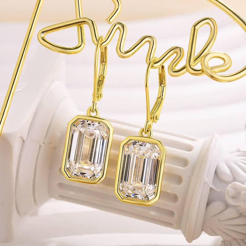 HNJ Jewels Special Yellow Gold Bezel Emerald Cut Women's Earrings In Sterling Silver