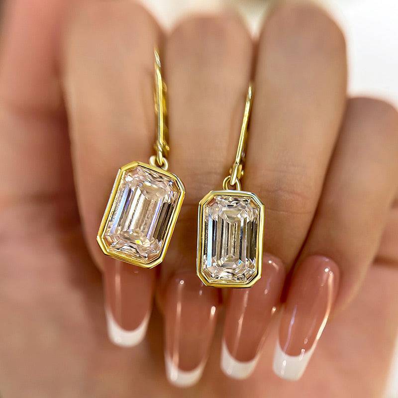 HNJ Jewels Special Yellow Gold Bezel Emerald Cut Women's Earrings In Sterling Silver