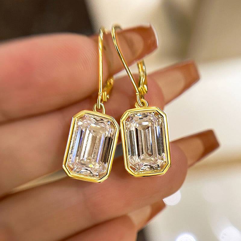 HNJ Jewels Special Yellow Gold Bezel Emerald Cut Women's Earrings In Sterling Silver