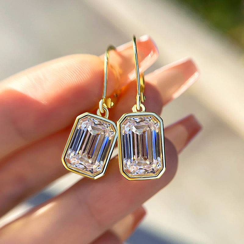 HNJ Jewels Special Yellow Gold Bezel Emerald Cut Women's Earrings In Sterling Silver