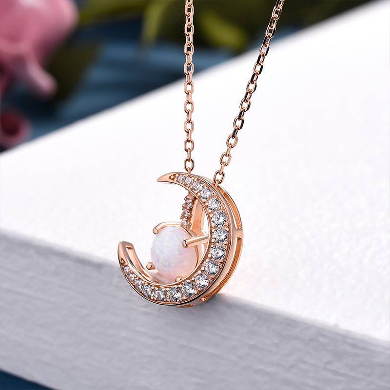 HNJ Jewels Rose Gold Moon Design Opal Pendant Necklace In Sterling Silver