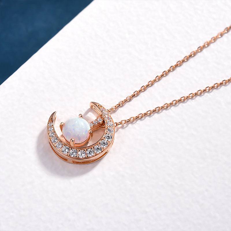 HNJ Jewels Rose Gold Moon Design Opal Pendant Necklace In Sterling Silver
