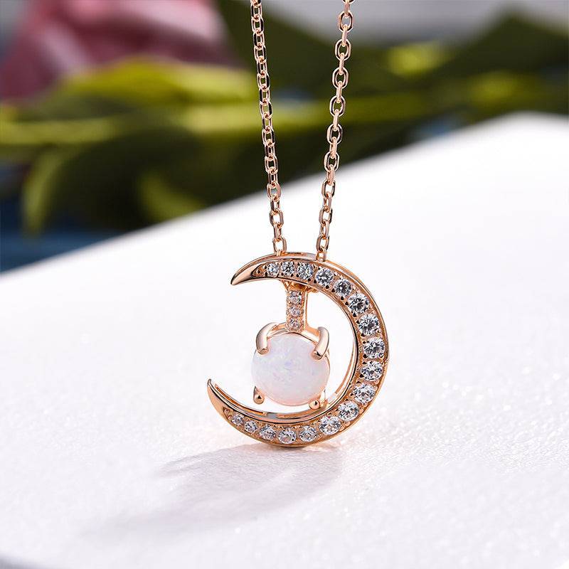 HNJ Jewels Rose Gold Moon Design Opal Pendant Necklace In Sterling Silver
