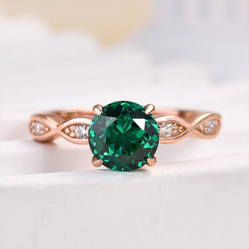 HNJ Jewels Rose Gold 1.0 Carat Emerald Green Round Cut Promise Ring In Sterling Silver