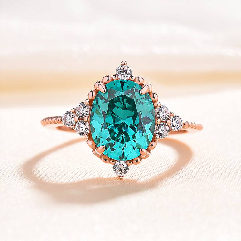 HNJ Jewels Vintage Rose Gold Oval Cut Paraiba Tourmaline Engagement Ring In Sterling Silver