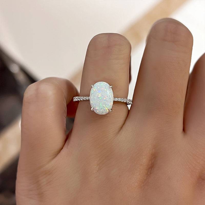 HNJ Jewels Elegant Oval Cut Opal Stone Engagement Ring In Sterling Silver