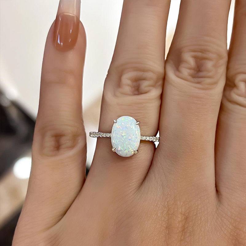 HNJ Jewels Elegant Oval Cut Opal Stone Engagement Ring In Sterling Silver