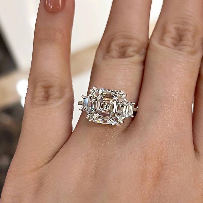 HNJ Jewels Exclusive Asscher Cut Three Stone Women's Engagement Ring In Sterling Silver