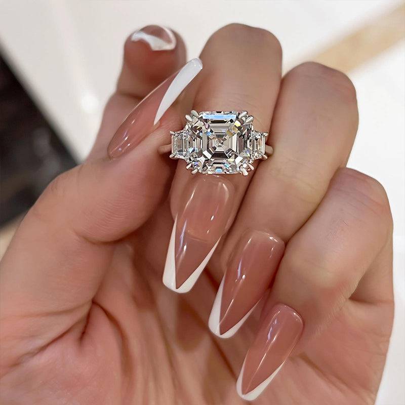 HNJ Jewels Exclusive Asscher Cut Three Stone Women's Engagement Ring In Sterling Silver