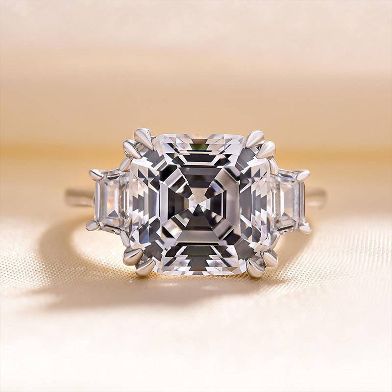 HNJ Jewels Exclusive Asscher Cut Three Stone Women's Engagement Ring In Sterling Silver
