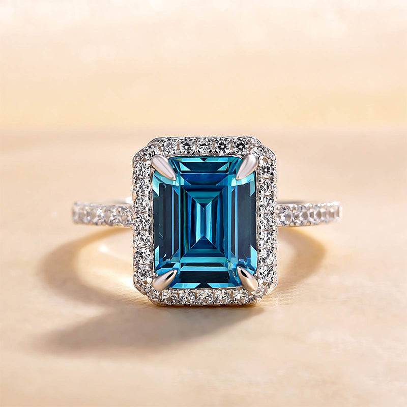 HNJ Jewels Halo Emerald Cut Light Aquamarine Blue Engagement Ring In Sterling Silver