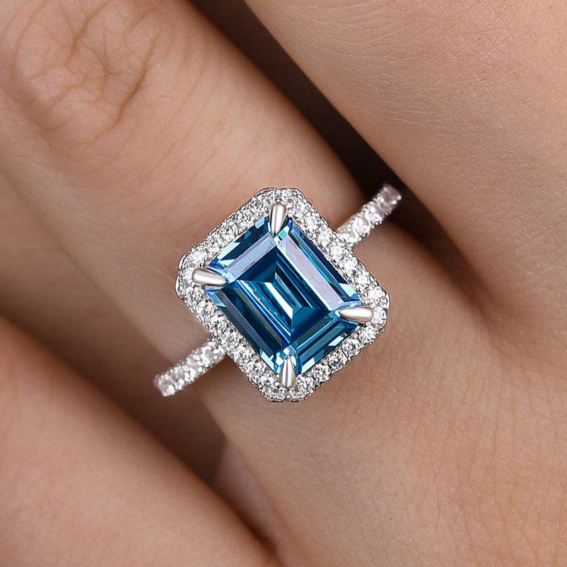 HNJ Jewels Halo Emerald Cut Light Aquamarine Blue Engagement Ring In Sterling Silver