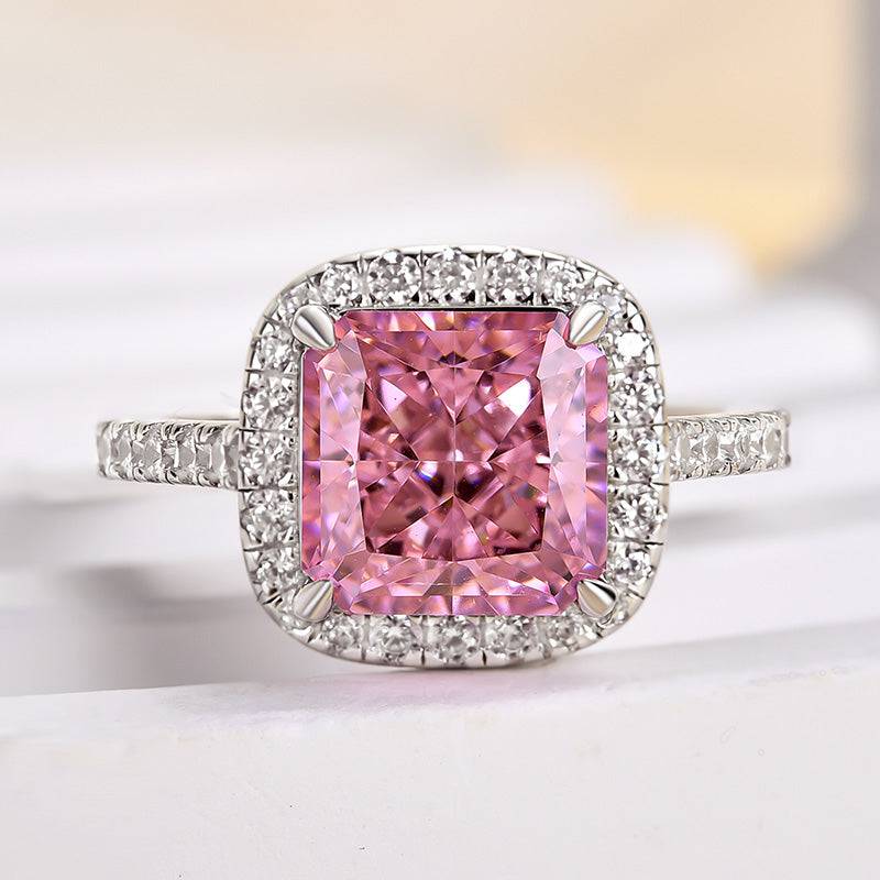 HNJ Jewels Lovely Halo Radiant Cut Pink Stone Engagement Ring