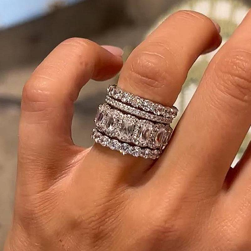 HNJ Jewels Luxurious Cushion Cut 4PC Wedding Band Set For Women In Sterling Silver