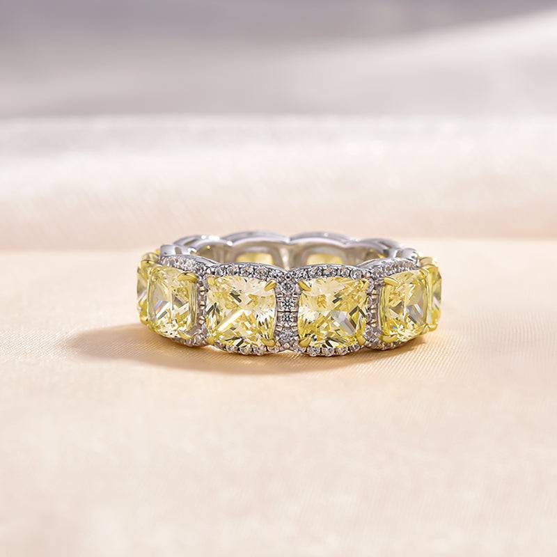 HNJ Jewels Luxurious Halo Cushion Cut Yellow Sapphire Wide Wedding Band for Her In Sterling Silver