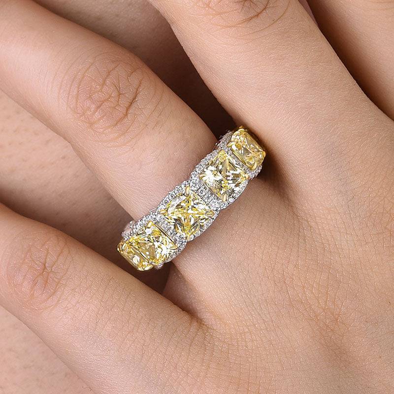 HNJ Jewels Luxurious Halo Cushion Cut Yellow Sapphire Wide Wedding Band for Her In Sterling Silver