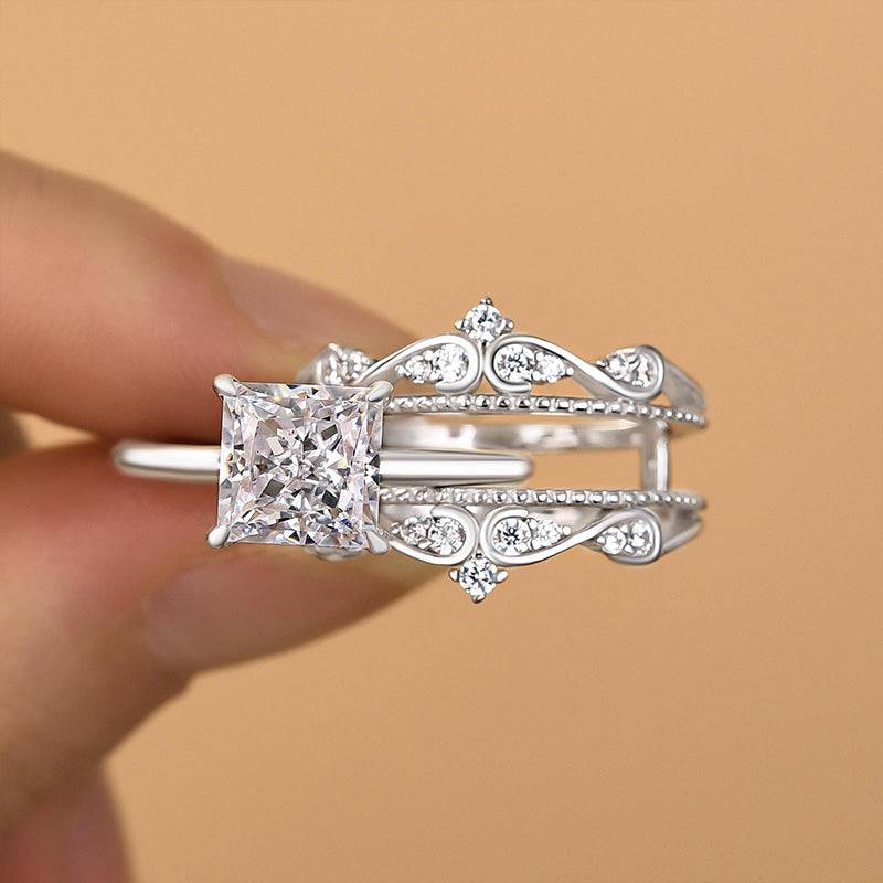 HNJ Jewels Noble Crown Design Square Princess Cut Insert Wedding Ring Set
